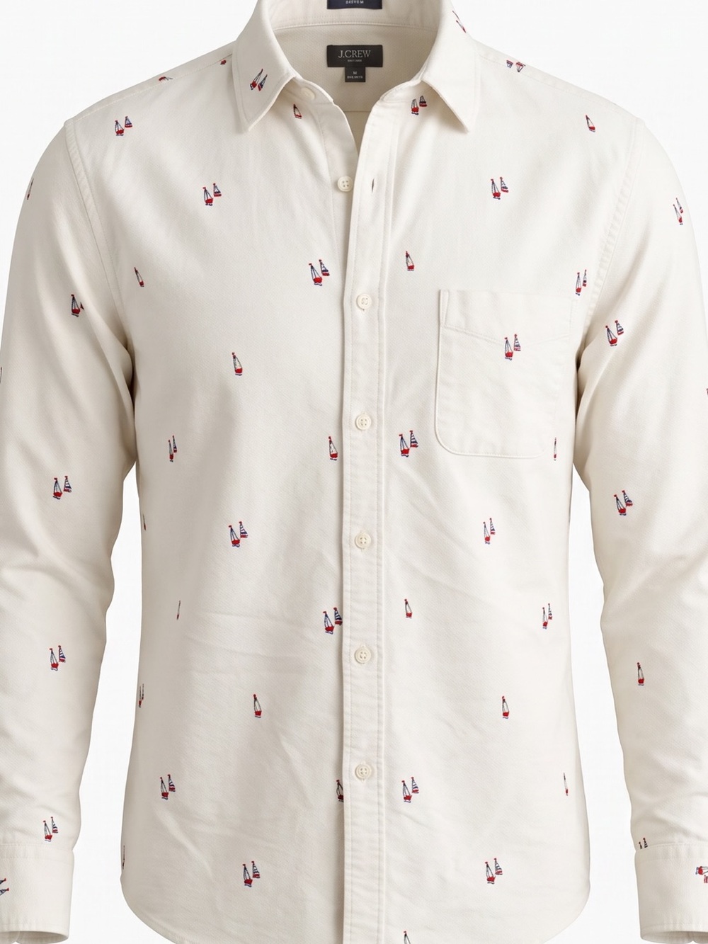 J. Crew White Button-Down Shirt with Navy and Red Sailboat Embroidery Size Larg